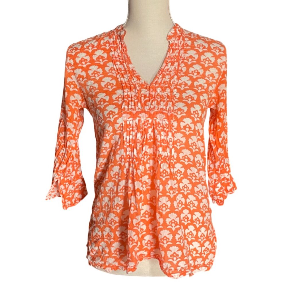 Oliphant v-neck top XS orange white block print blouse cotton India Tuckernuck